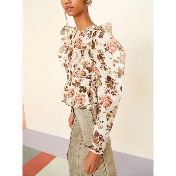Ulla Johnson Silk-Blend Long Puff-Sleeve Floral Minnet Blouse - Picture 4 of 6